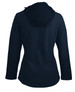 A soft shell jacket in navy blue with a hood, featuring a simple design and a branding logo.
