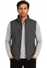 A grey men's vest is displayed, featuring a zippered front and side pockets, with a logo on the chest.