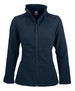 A soft shell jacket in navy blue with a zip front and side pockets, featuring a logo.