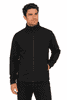 A soft shell jacket in black, featuring a high collar and full zip, modelled by a man. Includes a logo.