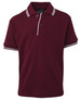 A maroon polo shirt with contrasting white collar and sleeve trims, featuring a logo on the label.