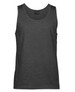 A dark grey singlet featuring a round neckline and no sleeves, with a branding label at the neck.