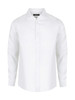 A white long sleeve button-up shirt with a collar, featuring a logo on the label.