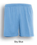 Sky blue unisex adults' plain sports shorts with an elastic waistband and a logo.
