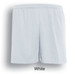 White unisex sports shorts with an elastic waistband and a simple design, featuring a branding logo.