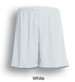 White unisex football shorts featuring a relaxed fit and an elastic waistband, with a branding logo.