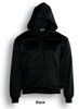 A black unisex zip-through fleece hoodie with a front zipper and hood, featuring a logo.