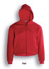 A red unisex zip-through fleece hoodie with a hood and front pockets. It features a logo on the garment.