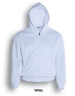 A white unisex adults zip through fleece hoodie with a front zip and hood, featuring side pockets.