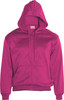 A unisex zip-through fleece hoodie in a bright fuchsia colour, featuring a hood and front zip. Includes a logo.
