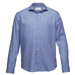 A blue button-up shirt for men with long sleeves and a collar, featuring a branding logo.