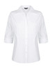 A white button-up shirt with 3/4 sleeves and a collar, featuring a logo.