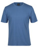 A blue t-shirt with short sleeves and a round neckline, featuring a label inside.