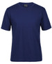 A navy blue T-shirt with short sleeves, featuring a logo at the neckline.