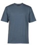 A grey T-shirt with short sleeves and a round neck, featuring a logo on the label.