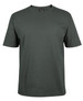 A dark green T-shirt featuring short sleeves and a crew neckline, with a branding logo on the label.
