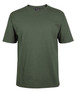 A green T-shirt with short sleeves and a round neck, featuring a logo on the label.