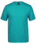 A teal T-shirt with a round neck and short sleeves, featuring a label inside the collar.
