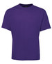 A purple t-shirt featuring a simple design and a logo on the neckline.