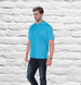 Aero Polo in bright blue, featuring a classic design and a logo, displayed against a brick wall background.