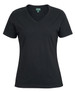 A black ladies' V-neck T-shirt featuring short sleeves and a logo.