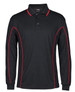 Long sleeve black polo shirt with red piping and a collar, featuring a logo on the chest.