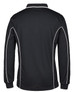 A black long-sleeve polo shirt with white piping details and a collar, featuring a logo on the front.