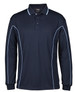A long-sleeved navy polo shirt featuring piping details in light blue and a logo on the chest.