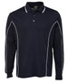 A navy long-sleeve polo shirt featuring white piping and a classic polo collar. It includes a logo on the chest.