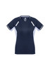 A navy blue women's short sleeve tee with white accents and a logo. Designed for comfort and style.