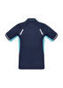 A navy blue short sleeve polo shirt with light blue accents and a logo on the front.