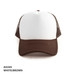 A brown and white Polymesh Trucker Cap featuring a structured front and mesh sides, with a logo on the front.