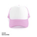 A pink and white Polymesh Trucker Cap with a solid front panel and mesh sides, featuring a logo.