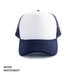 A Polymesh Trucker Cap in white and navy, featuring a solid front panel and mesh sides. Includes a branding logo.