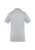 A light grey women's short sleeve polo shirt with a subtle texture and a back view. It features a logo.