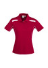 A red women's short sleeve polo shirt with white accents and a collar. It features a branding logo.