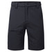 A pair of black eco stretch shorts featuring a front button closure and a zippered side pocket, with a branding logo.