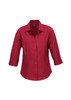 A red women's 3/4 sleeve shirt with a collared neckline and button front, featuring a logo.