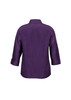 A purple women's shirt with 3/4 sleeves and a collared neckline, featuring a simple design and a logo.