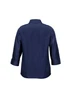 A navy women's 3/4 sleeve shirt with a collar and a logo on the back.