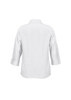 A white women's shirt with 3/4 sleeves and a collar, featuring a logo on the back.