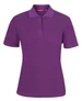 A purple women's polo shirt with a collared neck and short sleeves, featuring a logo.