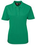 A green polo shirt for women featuring a collar and short sleeves, with a logo on the chest.