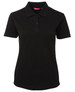 A black ladies' polo shirt featuring a collar and a three-button placket, with a logo on the chest.