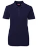 A navy blue ladies' polo shirt with a collar, short sleeves, and a logo on the chest.