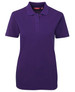 A purple polo shirt featuring a collar, short sleeves, and a logo on the chest area.