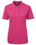 A pink women's polo shirt featuring a collar, short sleeves, and a logo on the chest.
