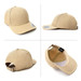 A beige cap featuring a logo and a strap at the back, displayed from multiple angles.