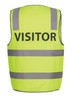 A bright lime safety vest with grey reflective strips and a prominent "VISITOR" label. Features a logo.