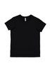 A black short sleeve women's t-shirt with a simple design and branding label.